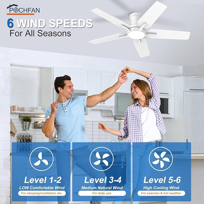 42 Inch White Ceiling Fans with Lights and Remote, Flush Mount Low Profile Ceiling Fan for Bedroom, Living Room, Patio