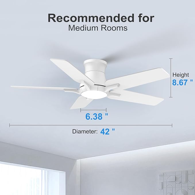 42 Inch White Ceiling Fans with Lights and Remote, Flush Mount Low Profile Ceiling Fan for Bedroom, Living Room, Patio