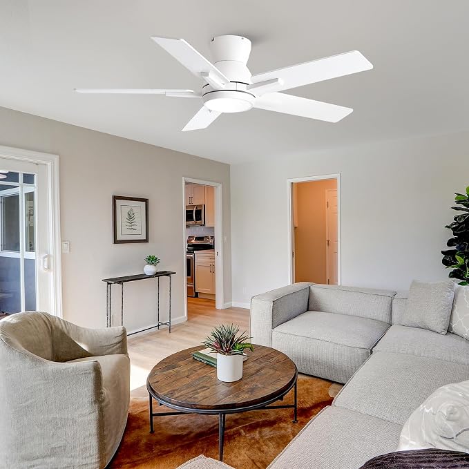 42 Inch White Flush Mount Ceiling Fans with Lights and Remote, White Low Profile Ceiling Fan for Bedroom Living Room