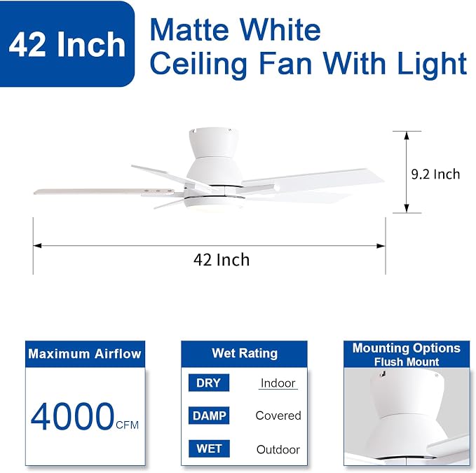 42 Inch White Flush Mount Ceiling Fans with Lights and Remote, White Low Profile Ceiling Fan for Bedroom Living Room