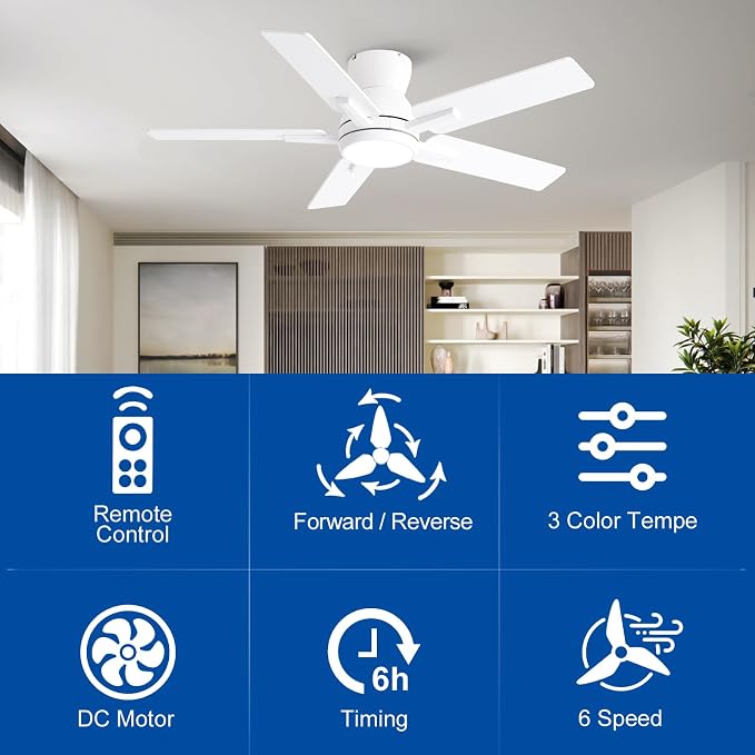 42 Inch White Flush Mount Ceiling Fans with Lights and Remote, White Low Profile Ceiling Fan for Bedroom Living Room