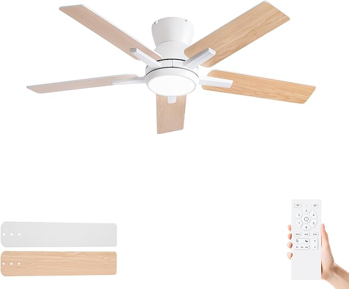 42 Inch White Flush Mount Ceiling Fans with Lights and Remote, White Low Profile Ceiling Fan for Bedroom Living Room