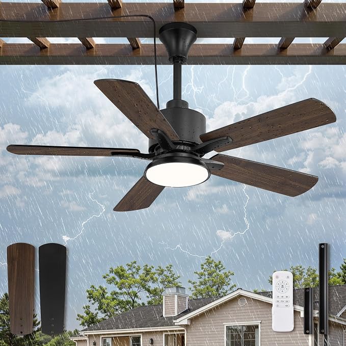 42" Outdoor Ceiling Fan with Light for Patios, IP65 Waterproof Gazebo Fan, Plug in Ceiling Fan with Remote, 3CCT 6-Speed