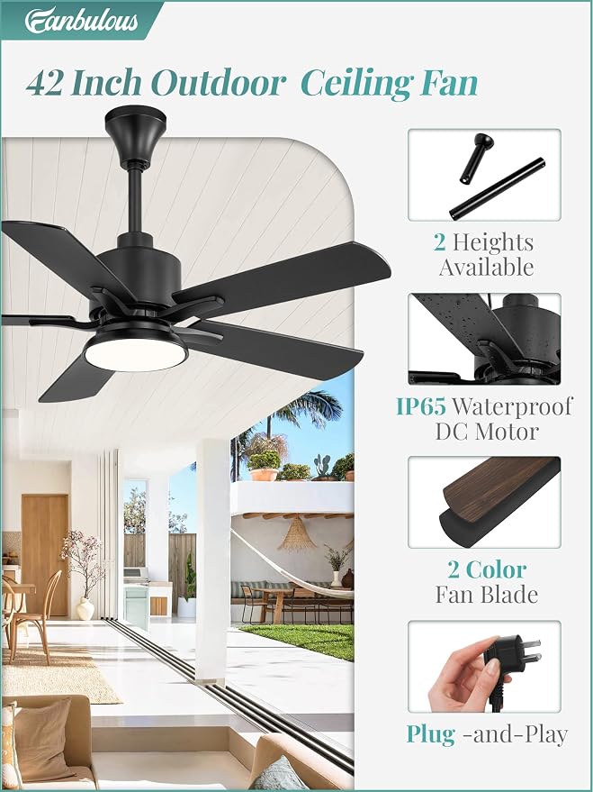 42" Outdoor Ceiling Fan with Light for Patios, IP65 Waterproof Gazebo Fan, Plug in Ceiling Fan with Remote, 3CCT 6-Speed