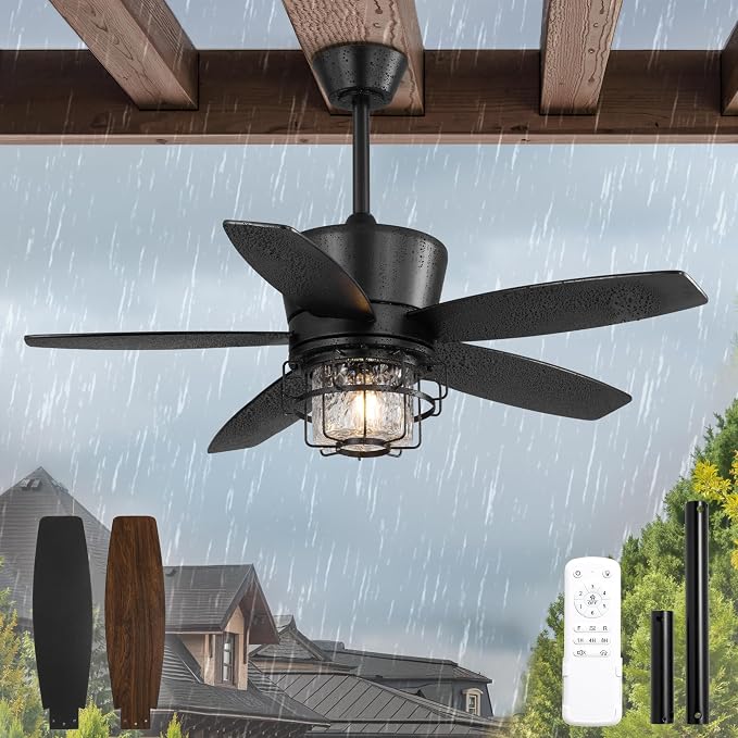 42" Outdoor Ceiling Fans with Lights and Remote Control,IP65 Wet Rated Waterproof Ceiling Fan with 6-Speed DC Motor