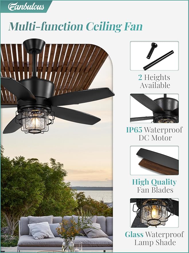 42" Outdoor Ceiling Fans with Lights and Remote Control,IP65 Wet Rated Waterproof Ceiling Fan with 6-Speed DC Motor