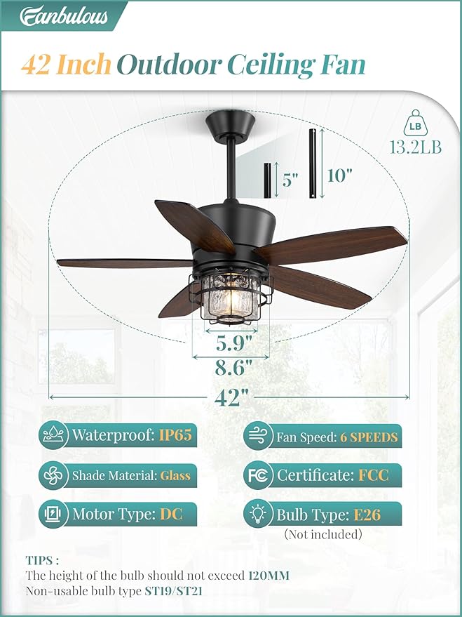 42" Outdoor Ceiling Fans with Lights and Remote Control,IP65 Wet Rated Waterproof Ceiling Fan with 6-Speed DC Motor