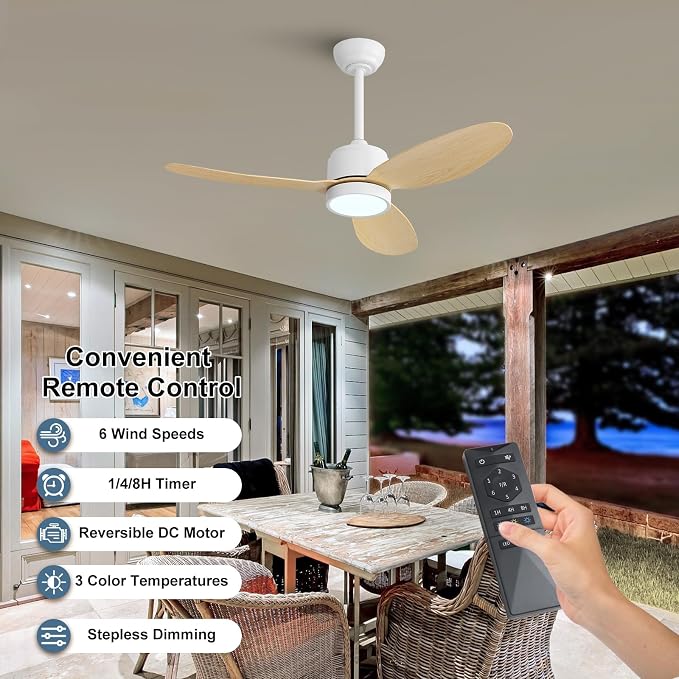 42" Outdoor Ceiling Fans with Lights, Wet Rated Waterproof Indoor Ceiling Fan with Remote, 3 ABS Blades Modern Ceiling