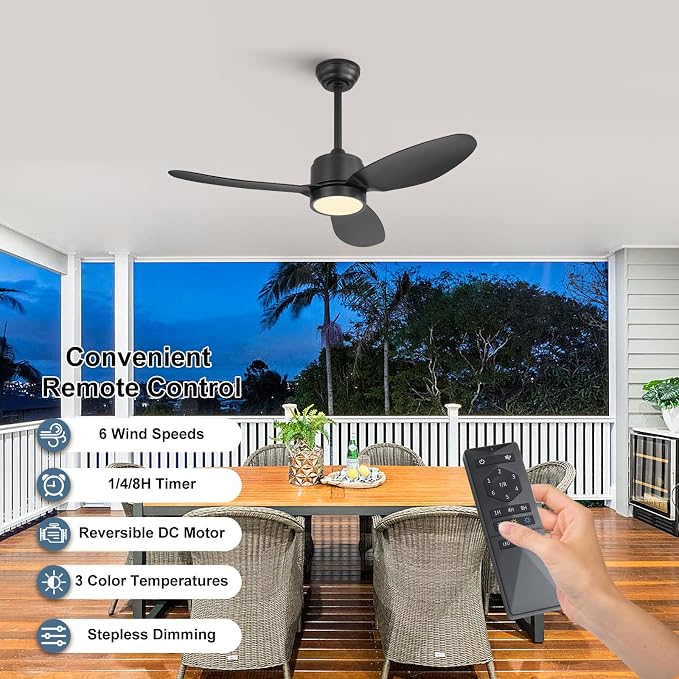 42" Outdoor Ceiling Fans with Lights, Wet Rated Waterproof Indoor Ceiling Fan with Remote, 3 ABS Blades Modern Ceiling