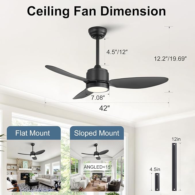 42" Outdoor Ceiling Fans with Lights, Wet Rated Waterproof Indoor Ceiling Fan with Remote, 3 ABS Blades Modern Ceiling