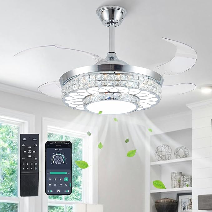 42" Retractable Ceiling Fans with Lights, Crystal Chandelier Ceiling Fan with Remote & APP Control, Modern Dimmable LED