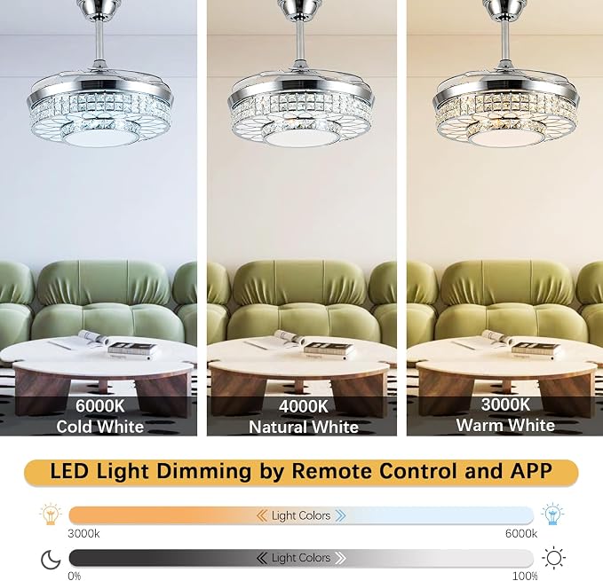 42" Retractable Ceiling Fans with Lights, Crystal Chandelier Ceiling Fan with Remote & APP Control, Modern Dimmable LED