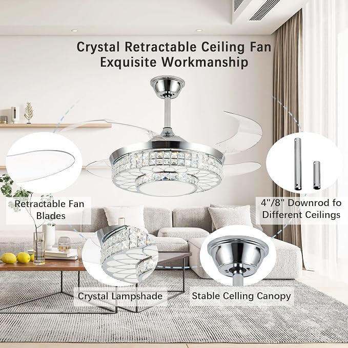42" Retractable Ceiling Fans with Lights, Crystal Chandelier Ceiling Fan with Remote & APP Control, Modern Dimmable LED