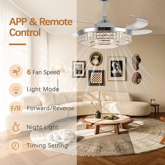 42" Retractable Ceiling Fans with Lights, Crystal Chandelier Ceiling Fan with Remote & APP Control, Modern Dimmable LED