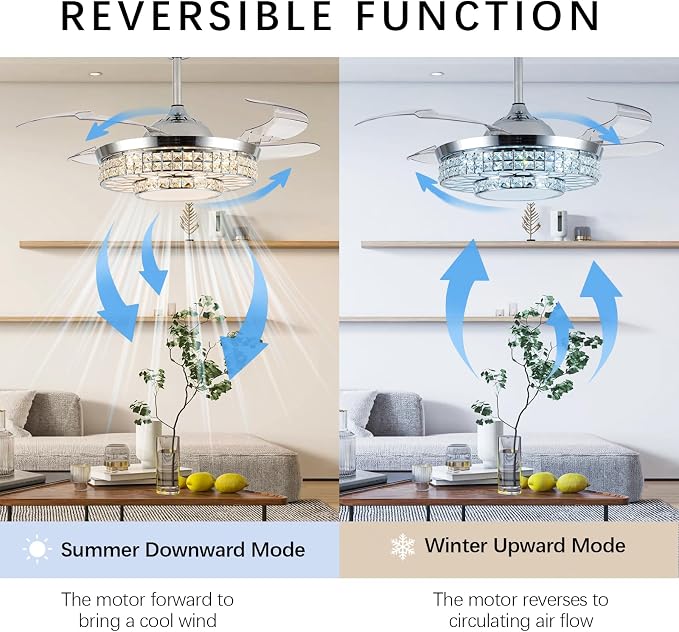 42" Retractable Ceiling Fans with Lights, Crystal Chandelier Ceiling Fan with Remote & APP Control, Modern Dimmable LED