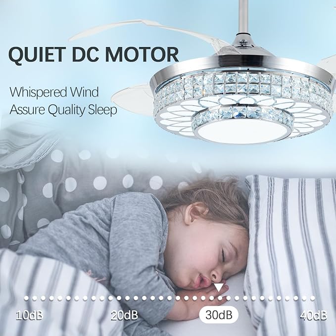 42" Retractable Ceiling Fans with Lights, Crystal Chandelier Ceiling Fan with Remote & APP Control, Modern Dimmable LED