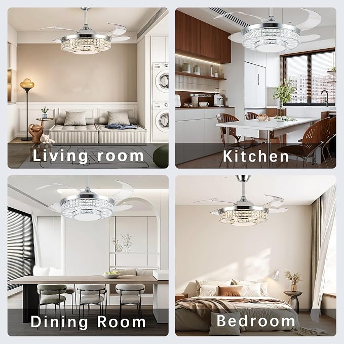 42" Retractable Ceiling Fans with Lights, Crystal Chandelier Ceiling Fan with Remote & APP Control, Modern Dimmable LED