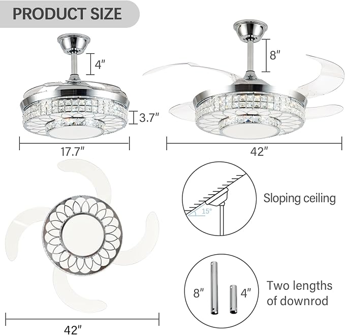 42" Retractable Ceiling Fans with Lights, Crystal Chandelier Ceiling Fan with Remote & APP Control, Modern Dimmable LED