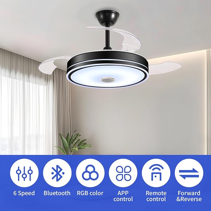 42'' Retractable Hanging Fan with Lights, Smart Fan Light with Bluetooth Speaker, App Control for Dimming & RGB, alternate