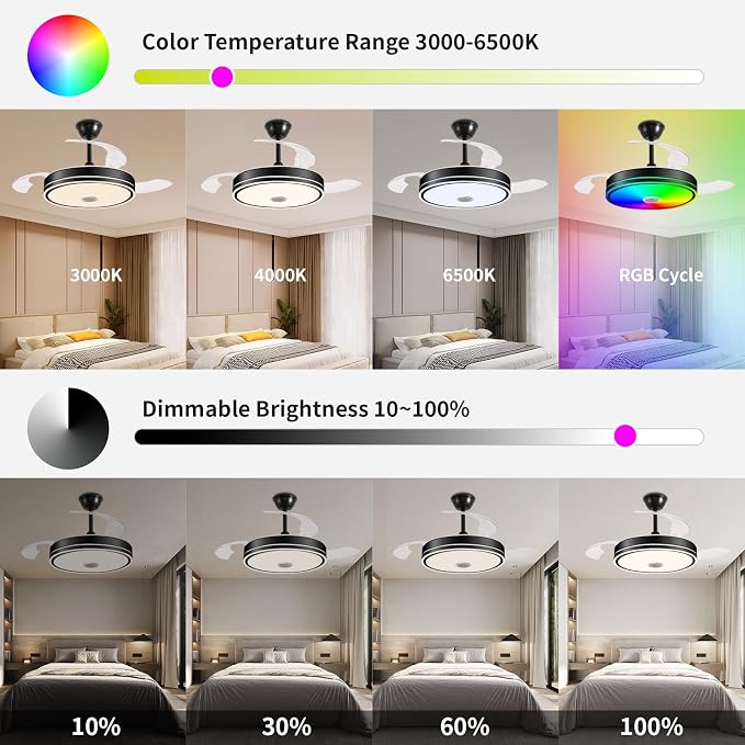 42'' Retractable Hanging Fan with Lights, Smart Fan Light with Bluetooth Speaker, App Control for Dimming & RGB, alternate
