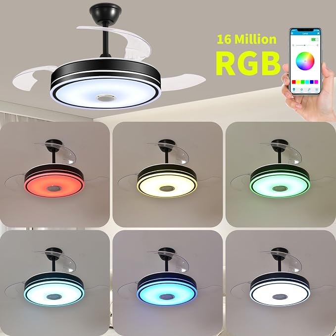 42'' Retractable Hanging Fan with Lights, Smart Fan Light with Bluetooth Speaker, App Control for Dimming & RGB, alternate