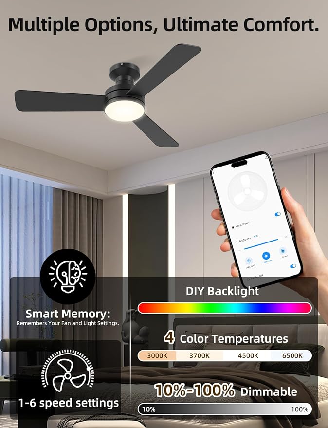 42" RGB Ceiling Fan with Light, Music Sync Smart Fan with Alexa/Google/App Control, Low Profile Flush Mount, 6-Speed Quiet DC