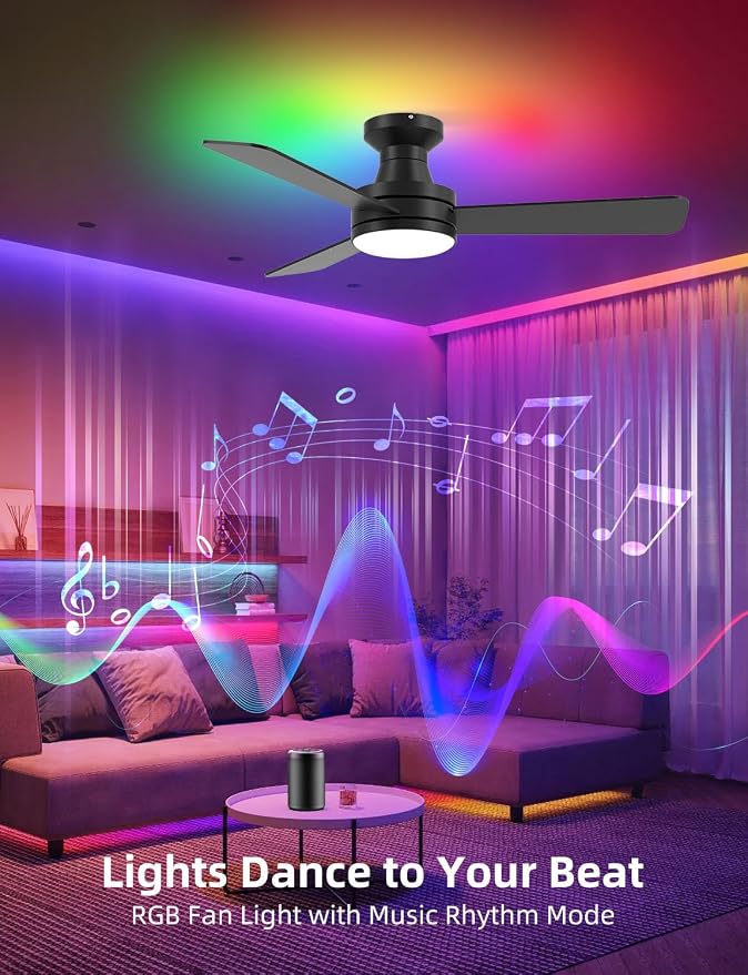 42" RGB Ceiling Fan with Light, Music Sync Smart Fan with Alexa/Google/App Control, Low Profile Flush Mount, 6-Speed Quiet DC