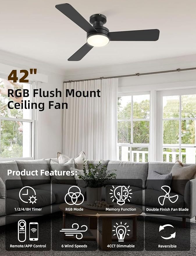 42" RGB Ceiling Fan with Light, Music Sync Smart Fan with Alexa/Google/App Control, Low Profile Flush Mount, 6-Speed Quiet DC