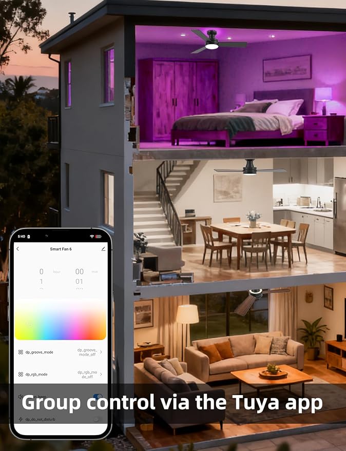 42" RGB Ceiling Fan with Light, Music Sync Smart Fan with Alexa/Google/App Control, Low Profile Flush Mount, 6-Speed Quiet DC