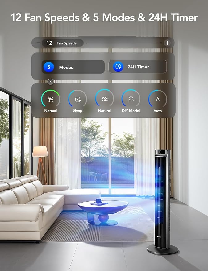 42'' Tower Fan for Bedroom, Smart Floor Fans with 150° Adjustable Oscillating, APP & Voice Control, 5 Modes 12 Speeds up to