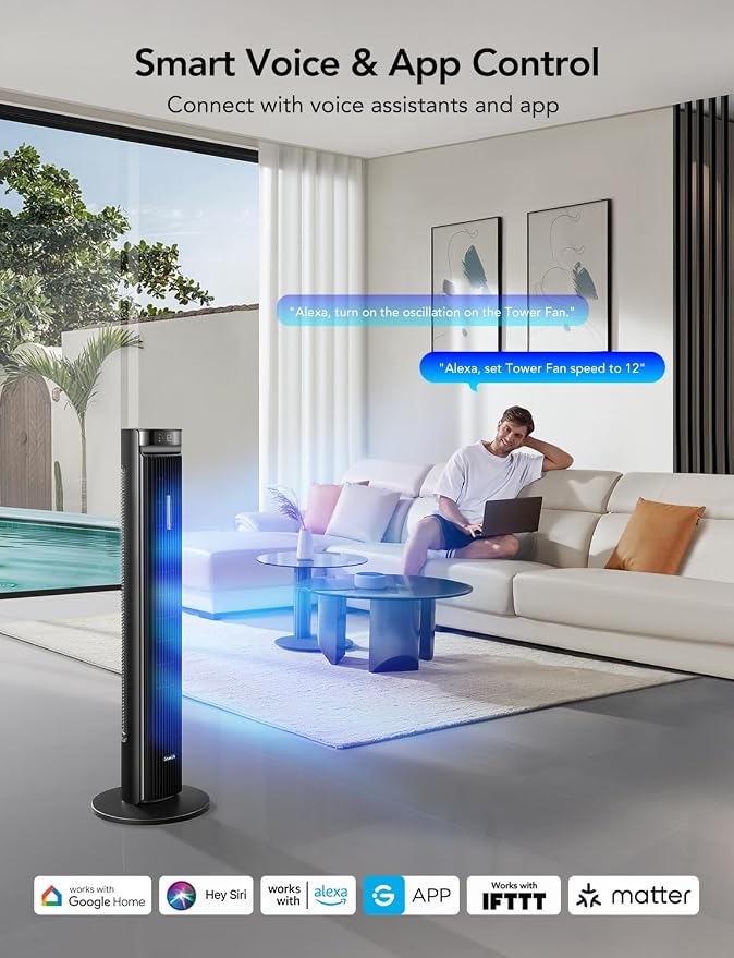 42'' Tower Fan for Bedroom, Smart Floor Fans with 150° Adjustable Oscillating, APP & Voice Control, 5 Modes 12 Speeds up to