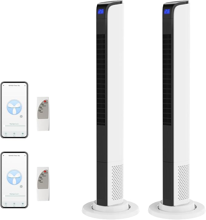 42" Tower Fan with APP & Remote Control, Smart Floor Fan with 3 Modes 3 Speeds & Digital Display, Bladeless Standing Fan with
