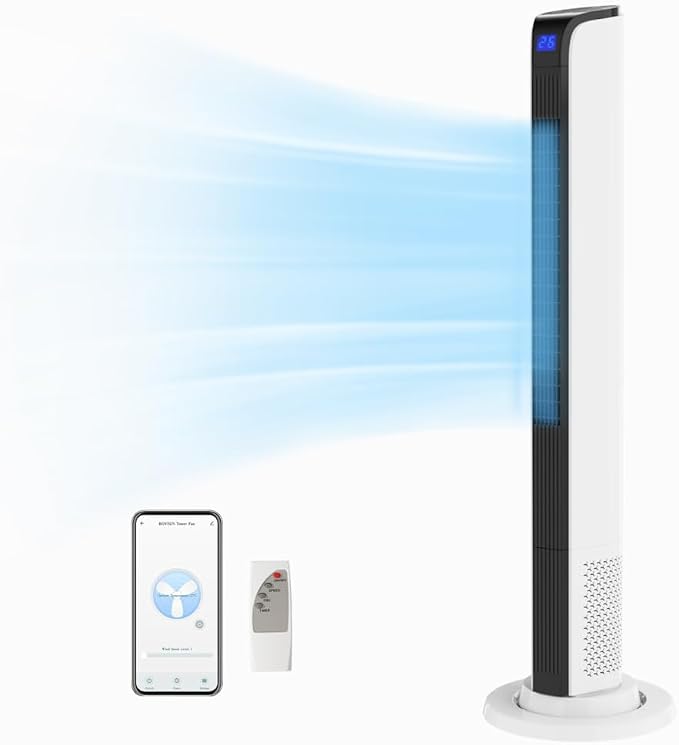42" Tower Fan with APP & Remote Control, Smart Floor Fan with 3 Modes 3 Speeds & Digital Display, Bladeless Standing Fan with