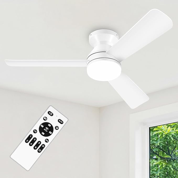 42" White Ceiling Fans with Lights and Remote, Low Profile Ceiling Fan with Light, Reversible DC Motors, 3CCT Dimmable Timer