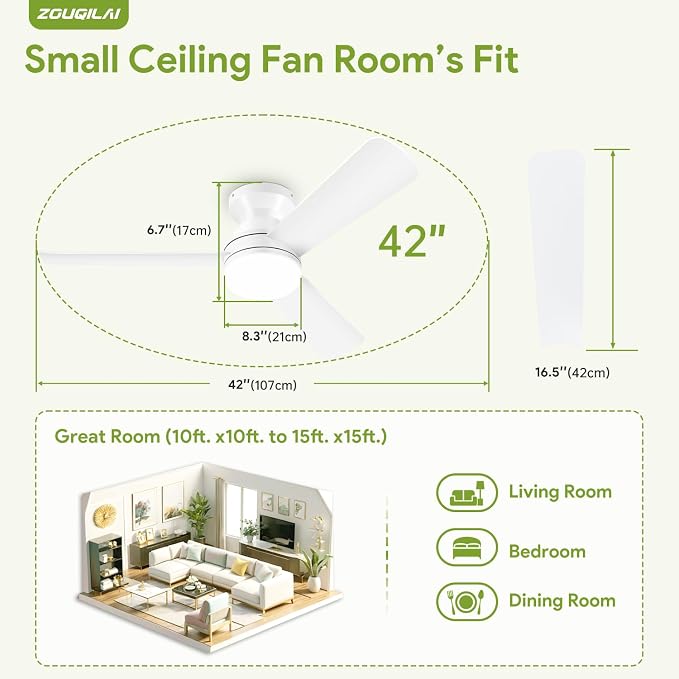 42" White Ceiling Fans with Lights and Remote, Low Profile Ceiling Fan with Light, Reversible DC Motors, 3CCT Dimmable Timer