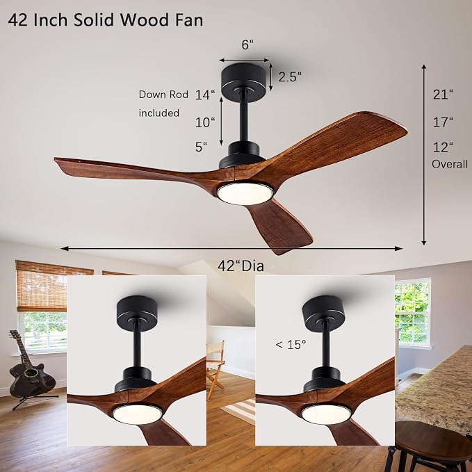 42" Wood Ceiling Fan with Lights Remote Control,Quiet DC Motor 3 Blade Ceiling Fans for Patio Living Room, Bedroom