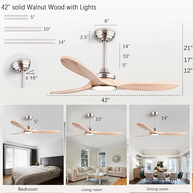 42" Wood Ceiling Fans with Lights and Remote Control,Indoor Outdoor 3 Blades Wooden Ceiling Fan for Garage,Patio,Living
