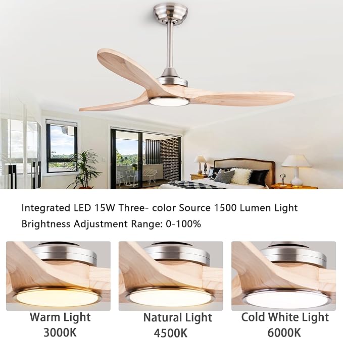 42" Wood Ceiling Fans with Lights and Remote Control,Indoor Outdoor 3 Blades Wooden Ceiling Fan for Garage,Patio,Living