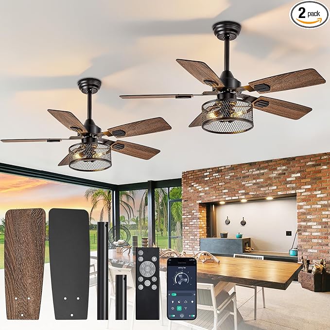 42in Ceiling Fans with Lights: 2 Pack Farmhouse Ceiling Fan with Remote - Black Caged Ceiling Fan with Dual