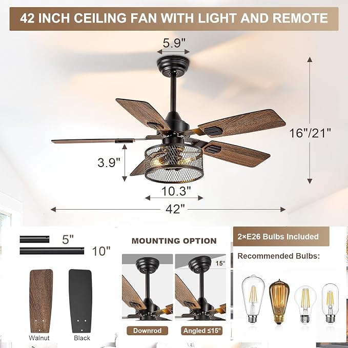 42in Ceiling Fans with Lights: 2 Pack Farmhouse Ceiling Fan with Remote - Black Caged Ceiling Fan with Dual, alternate view 3