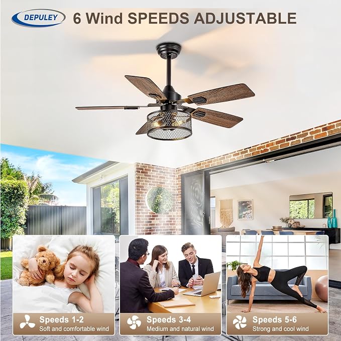 42in Ceiling Fans with Lights: 2 Pack Farmhouse Ceiling Fan with Remote - Black Caged Ceiling Fan with Dual, alternate view 4