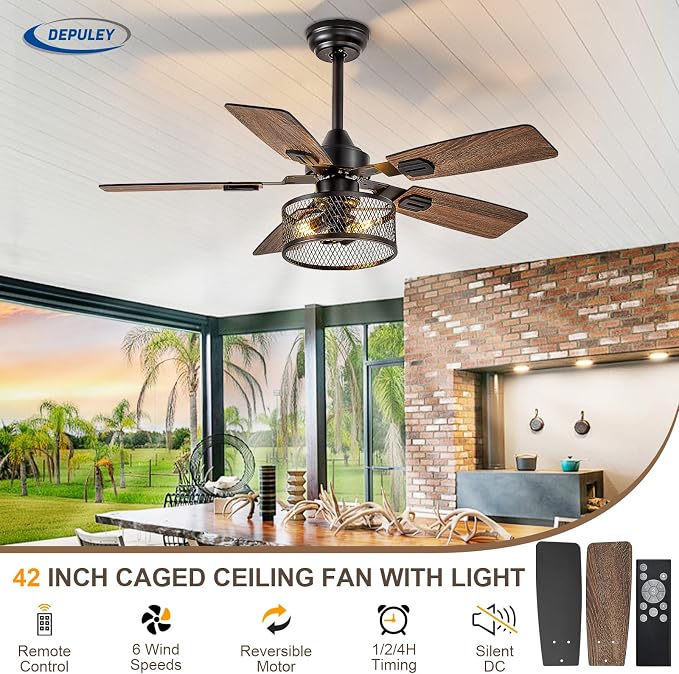 42in Ceiling Fans with Lights: 2 Pack Farmhouse Ceiling Fan with Remote - Black Caged Ceiling Fan with Dual, alternate view 7