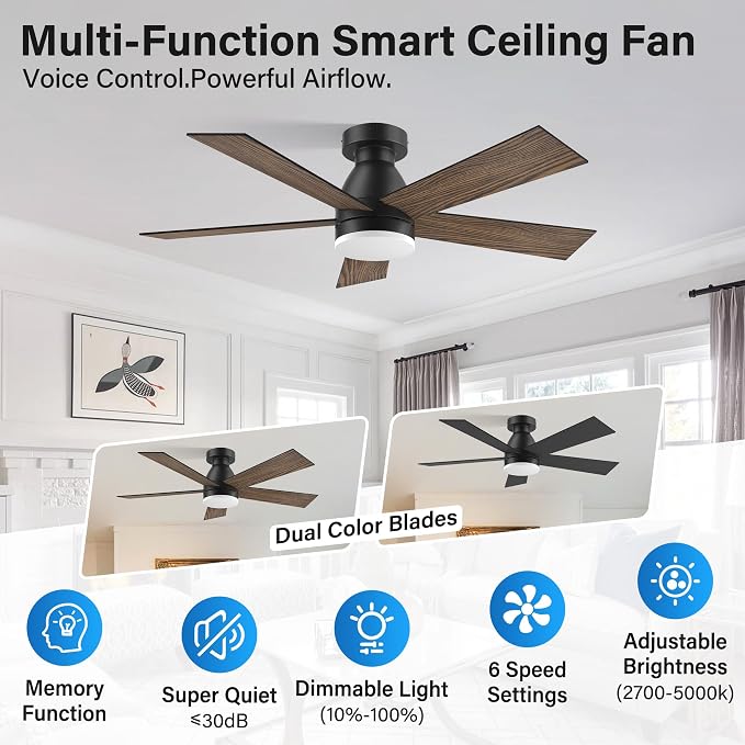 42In Smart Ceiling Fans with Lights and Remote,Control via Voice Alexa App,Noiseless,Reversible,Flush Mount Low Profile