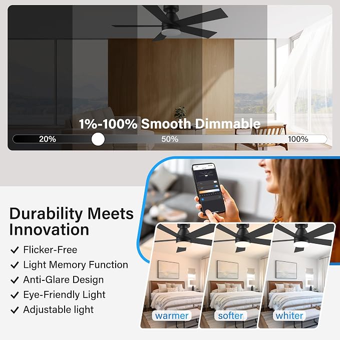 42In Smart Ceiling Fans with Lights and Remote,Control via Voice Alexa App,Noiseless,Reversible,Flush Mount Low Profile