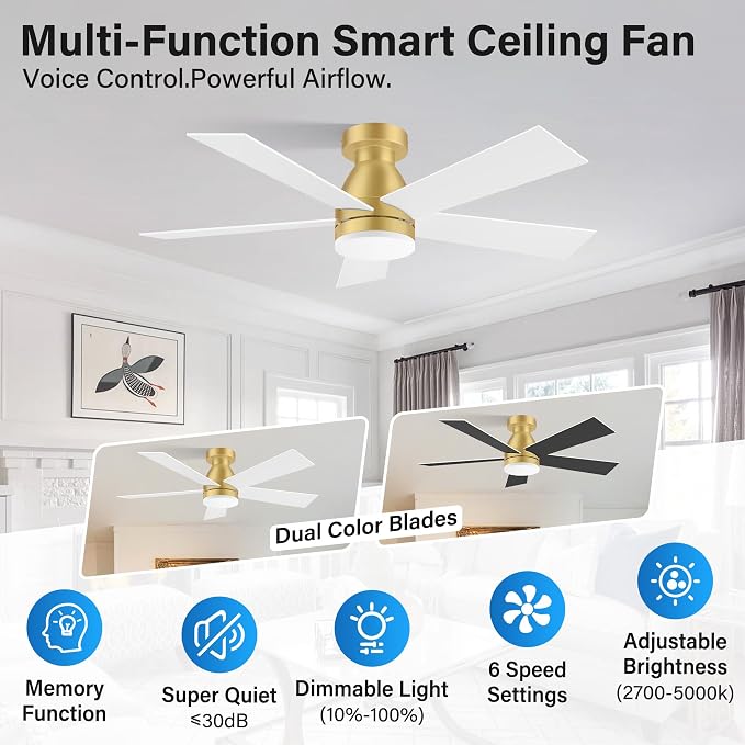 42In Smart Ceiling Fans with Lights Remote,Control via Wifi Voice Alexa APP,Quiet DC Motor,6-Speed,Flush Mount Low Profile