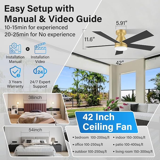 42In Smart Ceiling Fans with Lights Remote,Control via Wifi Voice Alexa APP,Quiet DC Motor,6-Speed,Flush Mount Low Profile