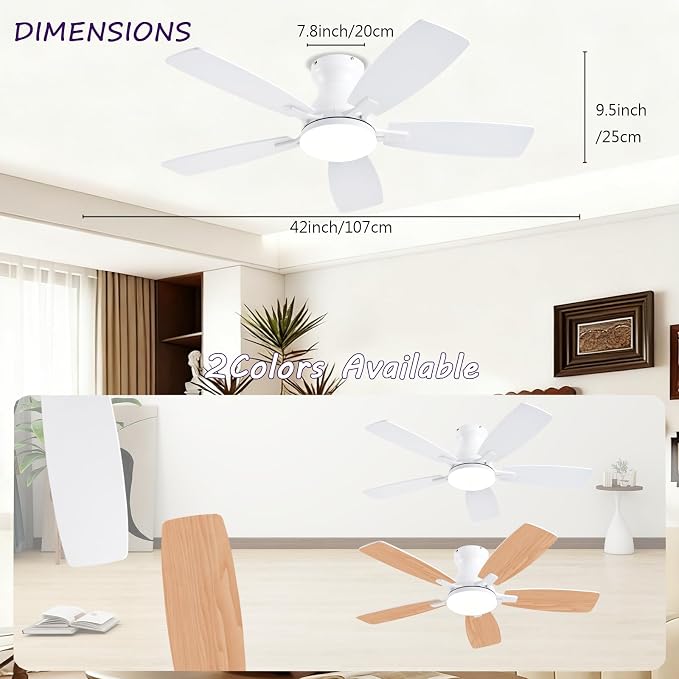 42inch Ceiling Fans with Lights, Low Profile Ceiling Fan with Light and Remote Control/APP Control, DC Reversible Motor