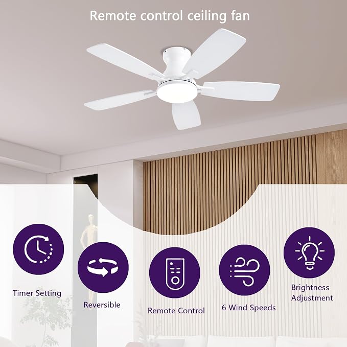 42inch Ceiling Fans with Lights, Low Profile Ceiling Fan with Light and Remote Control/APP Control, DC Reversible Motor