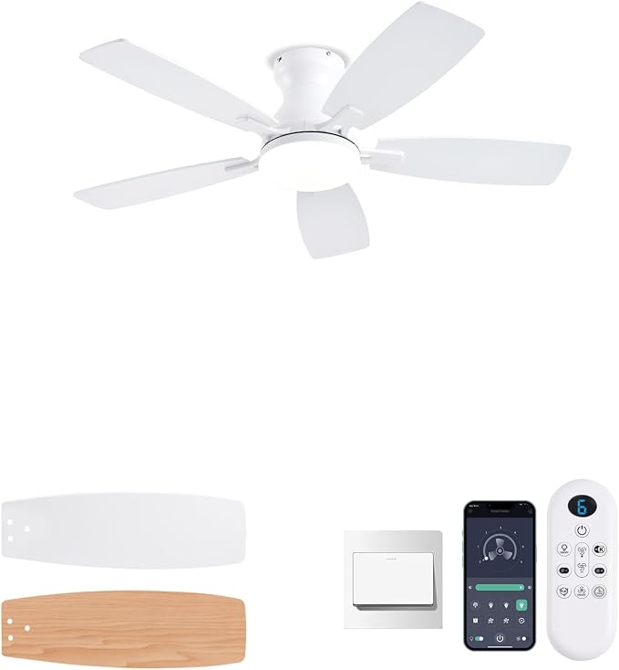 42inch Ceiling Fans with Lights, Low Profile Ceiling Fan with Light and Remote Control/APP Control, DC Reversible Motor