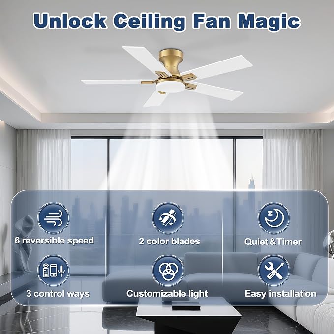 42inch Smart Low Profile Ceiling Fan with Lights Remote,Quite DC Motor,WiFi Voice Control via Alexa,Outdoor Indoor Modern